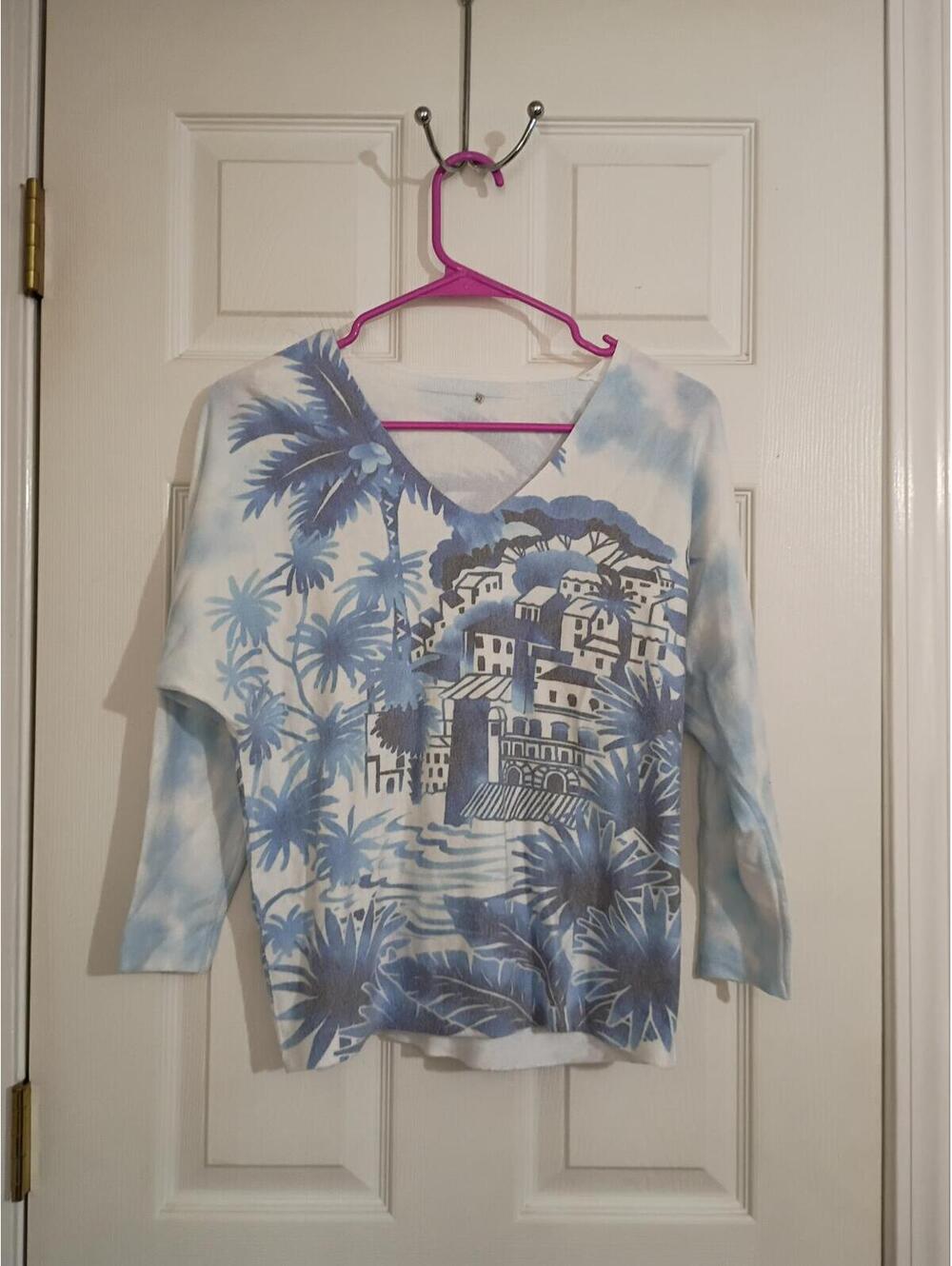 Lightweight V-Neck Sweater with Blue Scenic Print